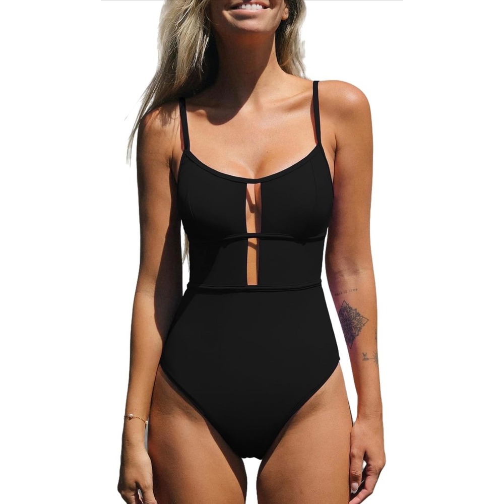 Cupshe Womens Black Cutout Tie Back One Piece Swimsuit  Size S NEW